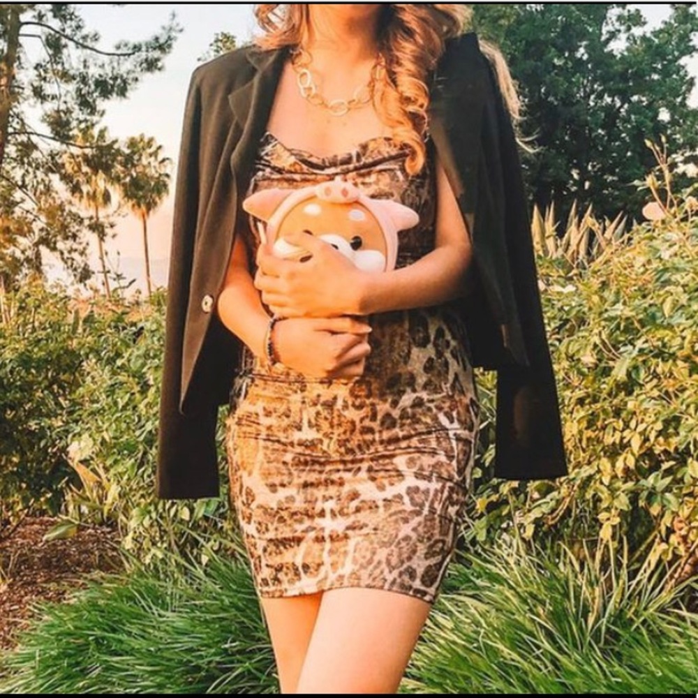 Cheetah Print Shimmer Cowl Neck Slip Dress